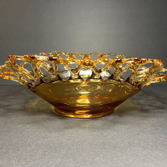 Vintage Westmoreland Amber Doric Centerpiece Lace Lattice Edge Glass Bowl - Picture 2 of 8